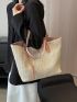 Straw Shoulder Tote Bag Letter Patch Decor