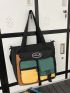 Small Tote Bag Colorblock Letter Patch Decor