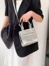 Mini Square Bag Zipper Front Decor Silver Double Handle