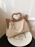 Pearl Beaded Decor Straw Bag Paper Heart Design Handle