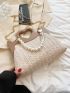 Pearl Beaded Decor Straw Bag Paper Heart Design Handle