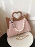 Pearl Beaded Decor Straw Bag Paper Heart Design Handle