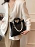 Kiss Lock Straw Bag Heart & Faux Pearl Decor