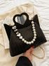 Kiss Lock Straw Bag Heart & Faux Pearl Decor