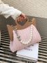 Pearl Beaded Decor Straw Bag Paper Heart Design Handle