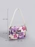 Small Flap Straw Bag Sequin & Embroidered Detail Turn Lock Random Flower Pattern