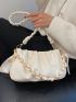 Medium Ruched Bag Twilly Scarf Decor Beige Fashionable