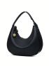 Litchi Embossed Hobo Bag Blue Genuine Leather Adjustable Strap For Daily