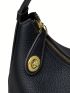 Litchi Embossed Hobo Bag Blue Genuine Leather Adjustable Strap For Daily