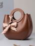 Top Ring Satchel Bag Genuine Leather Litchi Embossed Twilly Scarf Decor