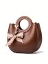 Top Ring Satchel Bag Genuine Leather Litchi Embossed Twilly Scarf Decor