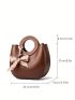 Top Ring Satchel Bag Genuine Leather Litchi Embossed Twilly Scarf Decor