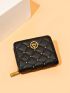 Quilted Small Wallet Studded & Metal Decor Zipper Around For Daily