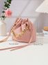 Mini Litchi Embossed Bucket Bag Chain Decor Drawstring For Daily