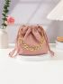 Mini Litchi Embossed Bucket Bag Chain Decor Drawstring For Daily