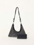 Rhinestone Decor Hobo Bag With Zipper Chain Polyester Glamorous For Party