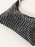 Rhinestone Decor Hobo Bag With Zipper Chain Polyester Glamorous For Party