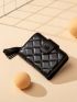 Small Wallet Black Quilted Detail Tassel Decor