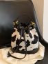Cow Pattern Bucket Bag Eyelet Detail Drawstring Design Top Handle Polyester