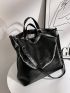 Large Top Handle Bag Double Handle With Zipper Black PU