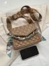 Checkered Embossed Square Bag Chain & Twilly Scarf Decor Flap PU