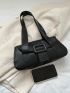 Buckle Decor Shoulder Tote Bag Black