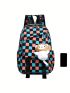 Plaid Pattern Classic Backpack Nylon With Bag Charm