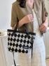 Letter Patch Geometric Pattern Tote Bag With Small Pouch