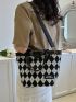 Letter Patch Geometric Pattern Tote Bag With Small Pouch