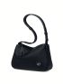 Metal Decor Litchi Embossed Baguette Bag Genuine Leather