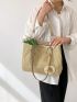 Small Straw Bag Flower Decor Double Handle For Vacation