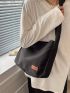 Letter Patch Hobo Bag Black Top Handle For Work