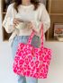 Letter Patch Shoulder Tote Bag Leopard Print Double Handle, Large Capacity Tote Bag For Work And Travel