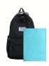 Black Functional Backpack Preppy Letter Patch Decor Zipper For School