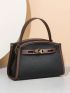 Genuine Leather Small Satchel Bag Contrast Binding Embossed Detail Turn Lock