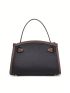 Genuine Leather Small Satchel Bag Contrast Binding Embossed Detail Turn Lock