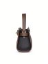 Genuine Leather Small Satchel Bag Contrast Binding Embossed Detail Turn Lock