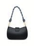 Genuine Leather Small Hobo Bag Embossed Detail Letter Decor Black