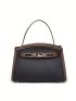 Genuine Leather Small Satchel Bag Contrast Binding Embossed Detail Turn Lock