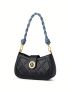 Genuine Leather Small Hobo Bag Embossed Detail Letter Decor Black