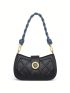 Genuine Leather Small Hobo Bag Embossed Detail Letter Decor Black