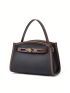 Genuine Leather Small Satchel Bag Contrast Binding Embossed Detail Turn Lock