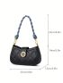 Genuine Leather Small Hobo Bag Embossed Detail Letter Decor Black