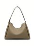 Genuine Leather Medium Hobo Bag Litchi Embossed Contrast Binding