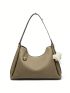 Genuine Leather Medium Hobo Bag Litchi Embossed Contrast Binding