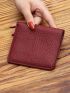 Genuine Leather Litchi Embossed Small Wallet Stitching Detail Bi-fold