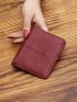 Genuine Leather Litchi Embossed Small Wallet Stitching Detail Bi-fold