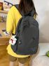 Letter Graphic Classic Backpack Zipper Black With Cartoon Bag Charm