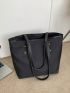 Studded Decor Shoulder Tote Bag Double Handle With Zipper Black Polyester