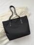 Studded Decor Shoulder Tote Bag Double Handle With Zipper Black Polyester